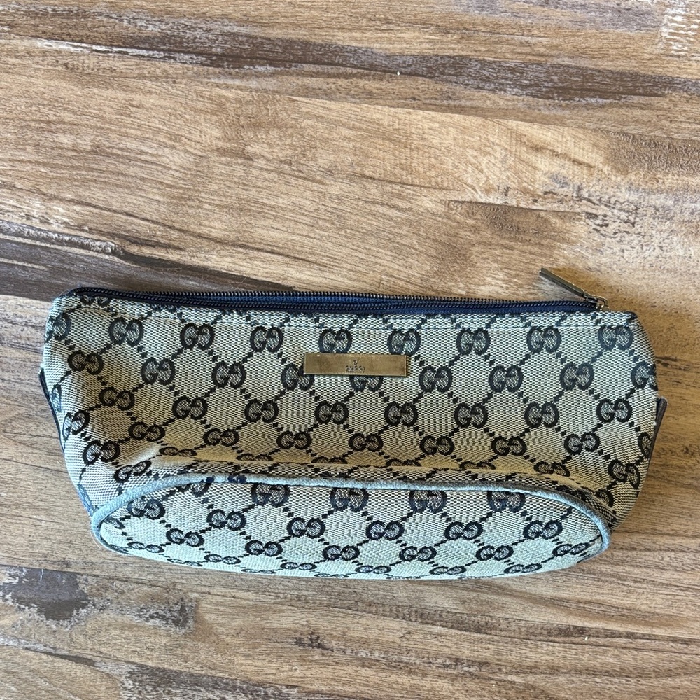 Gucci Beige and Blue Monogram Pouch, Makeup / Travel Bag